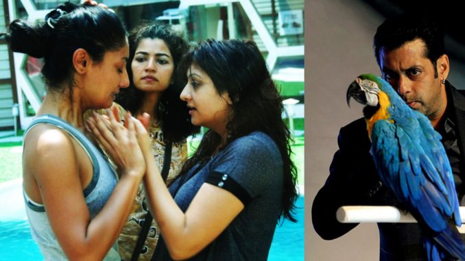 Left Mahek Chahal Mandeep Bevli Juhi Parmar in BB5 Right Salman Khan during the promotions of BB6